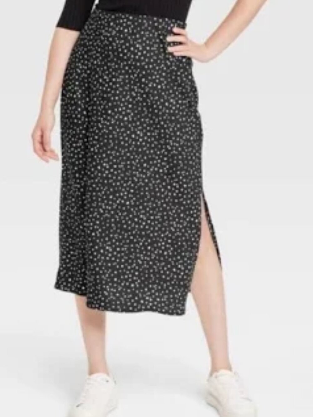 A New Day black midi faux silk skirt with white heart print - Small